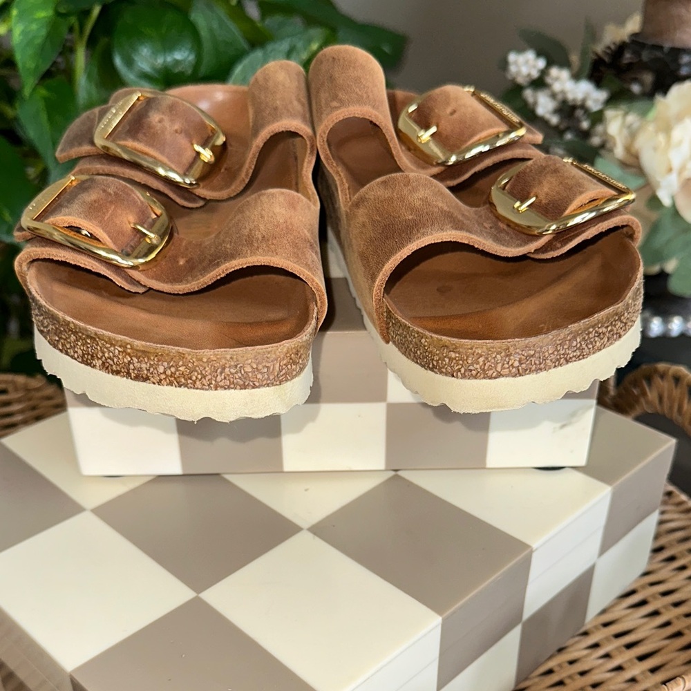 Birkenstock Brown Leather Arizona Sandals with Gold Buckles - Picture 9 of 11